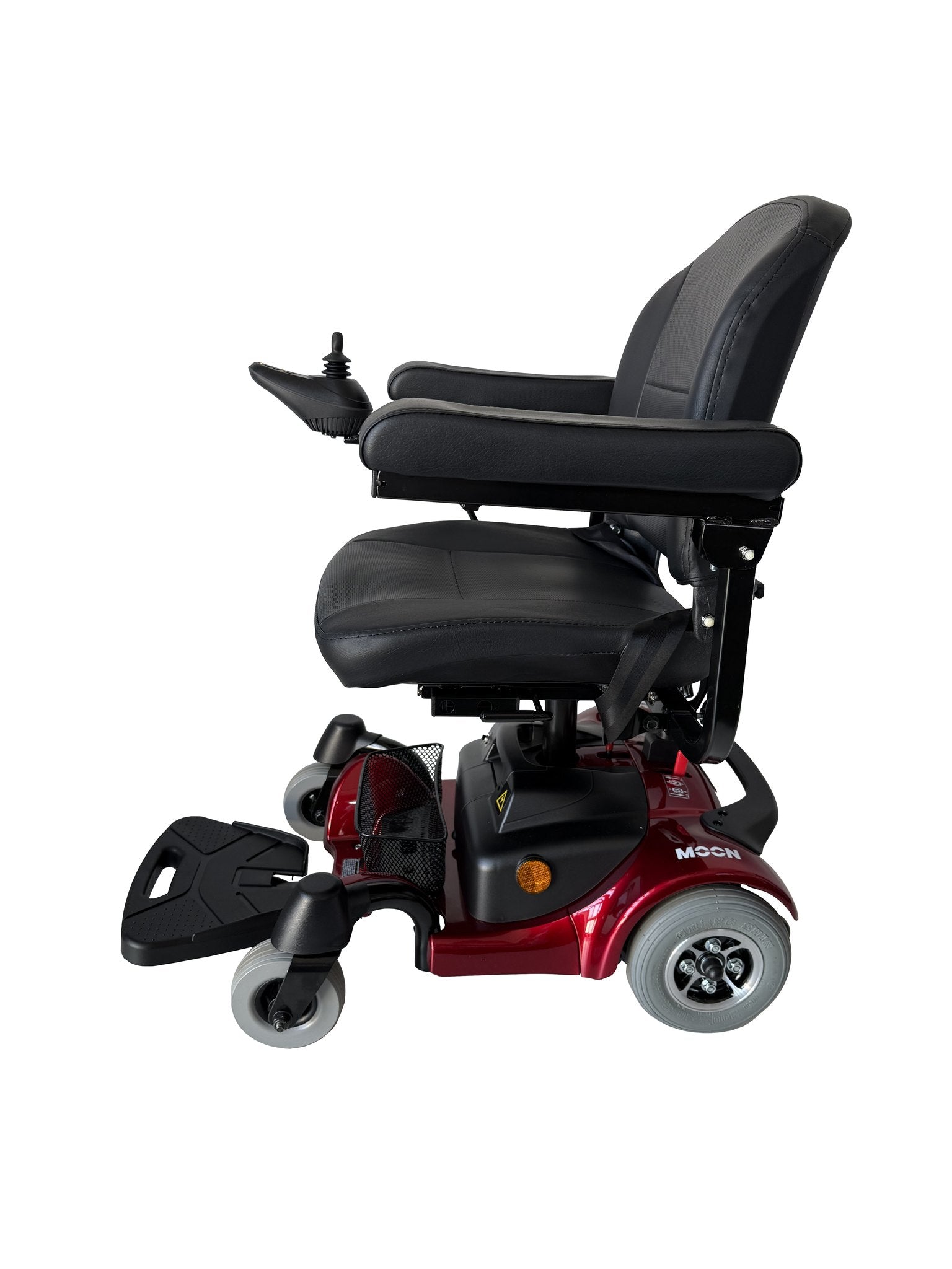 Heartway Moon red power chair, side profile with swivel seat