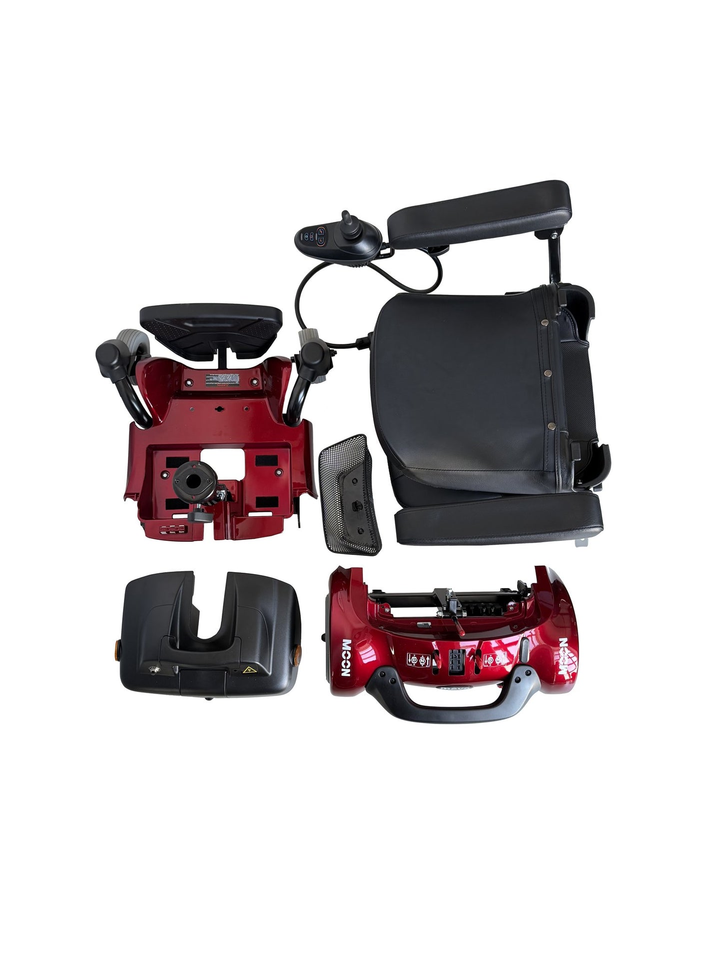 Heartway Moon red powerchair, alternate three-quarter angle