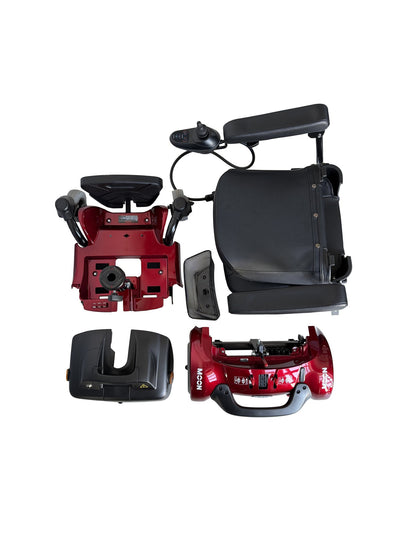 Heartway Moon red powerchair, alternate three-quarter angle