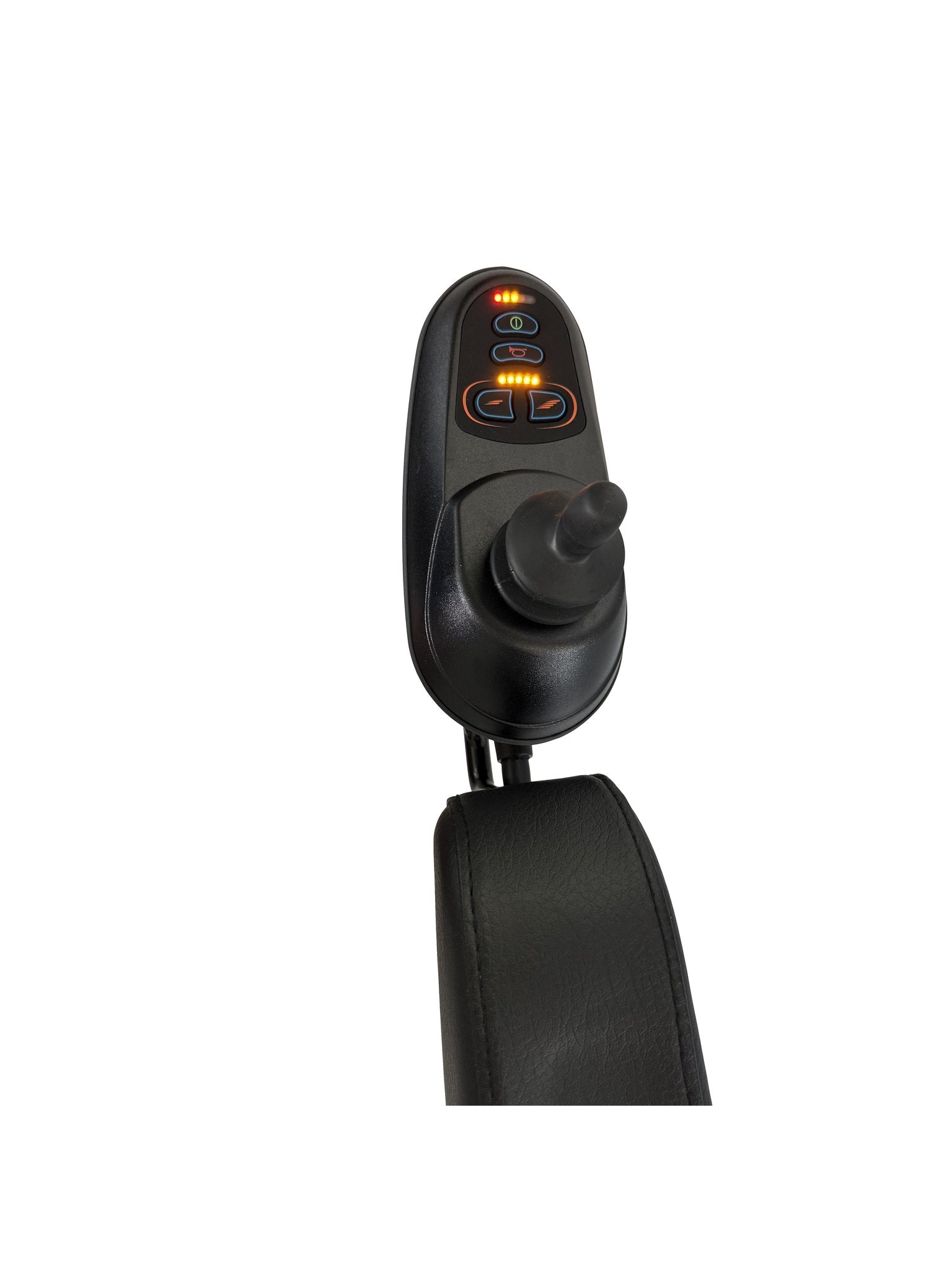 Close-up of the Heartway Moon joystick controller and battery gauge