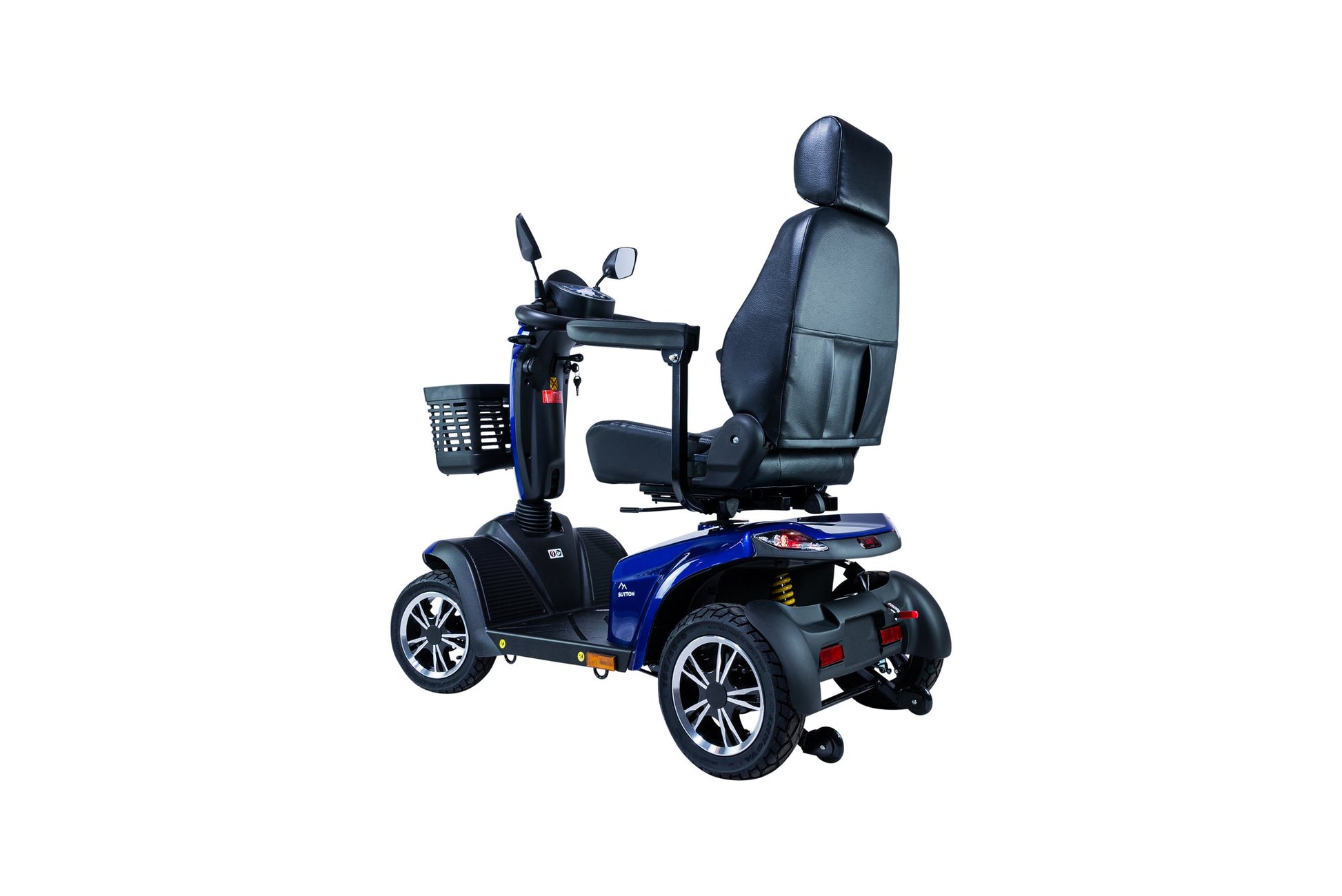 Movo Sutton blue 4-wheel scooter, rear three-quarter view with basket