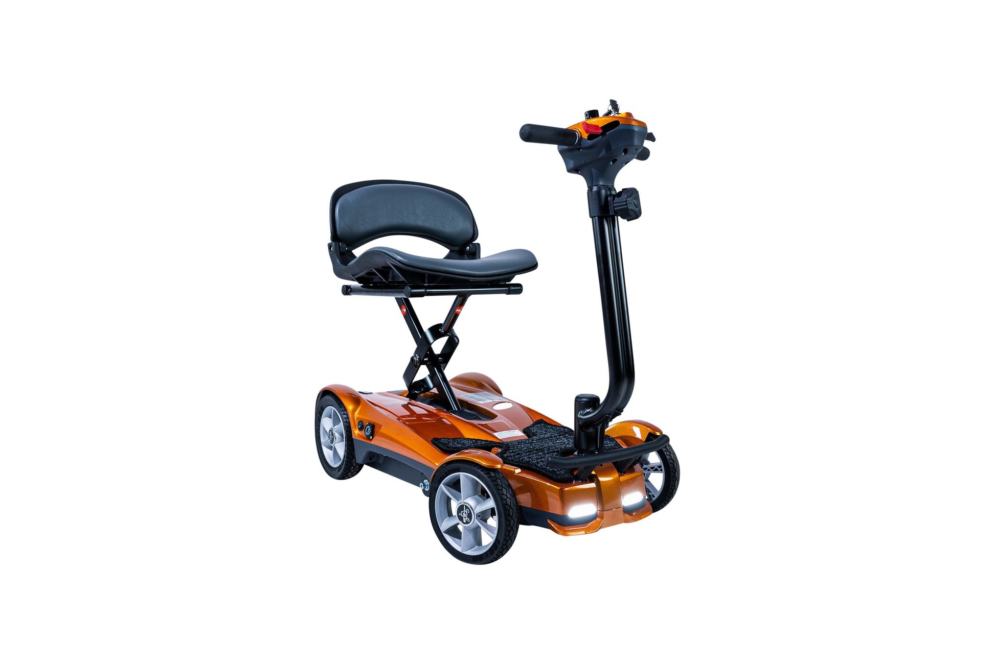 Heartway Transit 4 auto-folding mobility scooter in orange, front three-quarter view