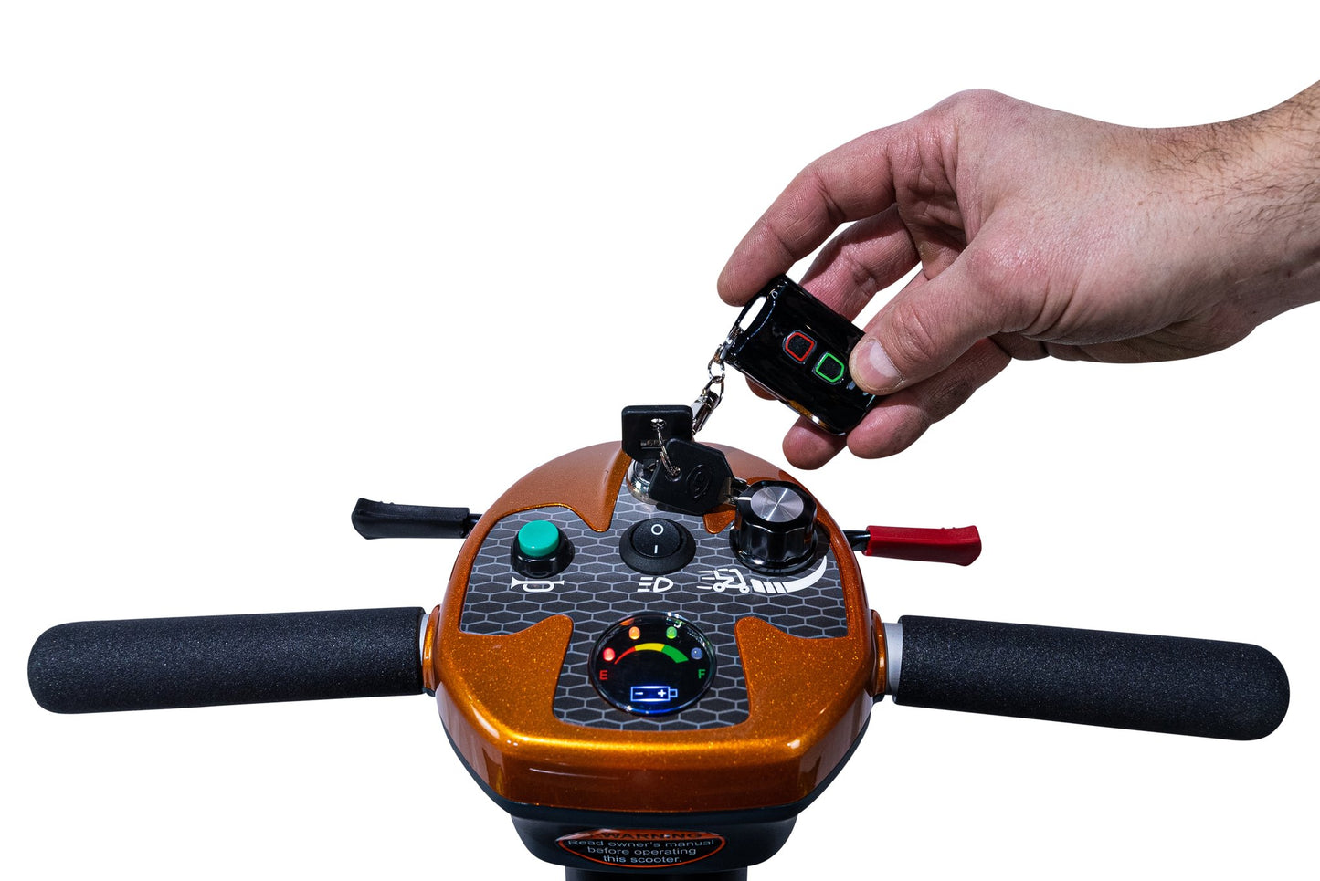Close-up of the Heartway Transit 4 tiller controls and remote folding fob