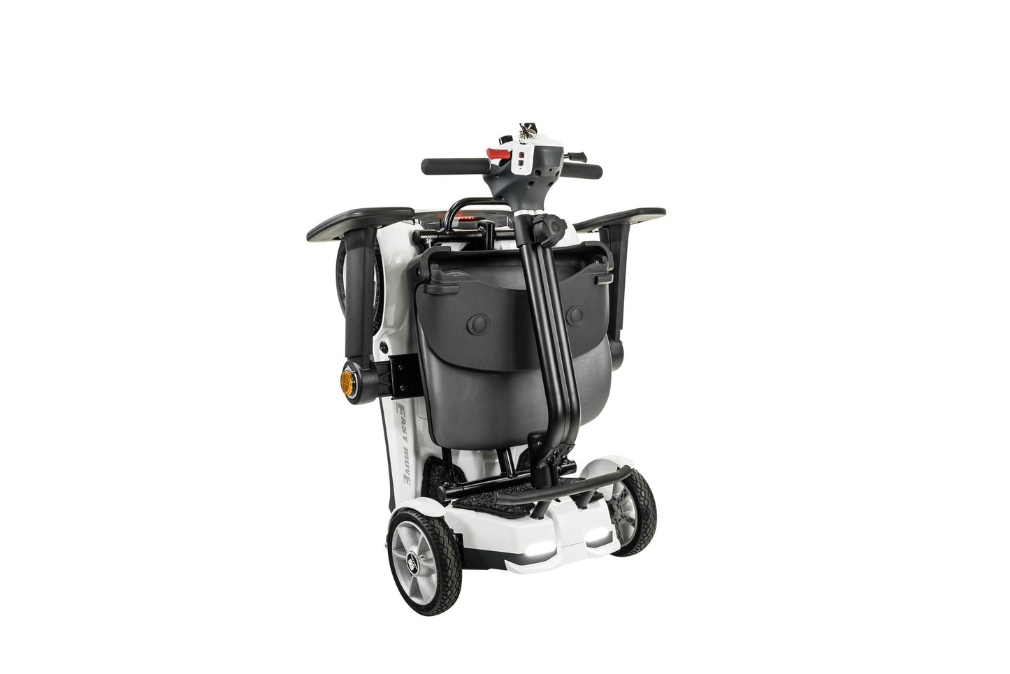 Heartway Transit 4 mobility scooter in white, folded upright for storage