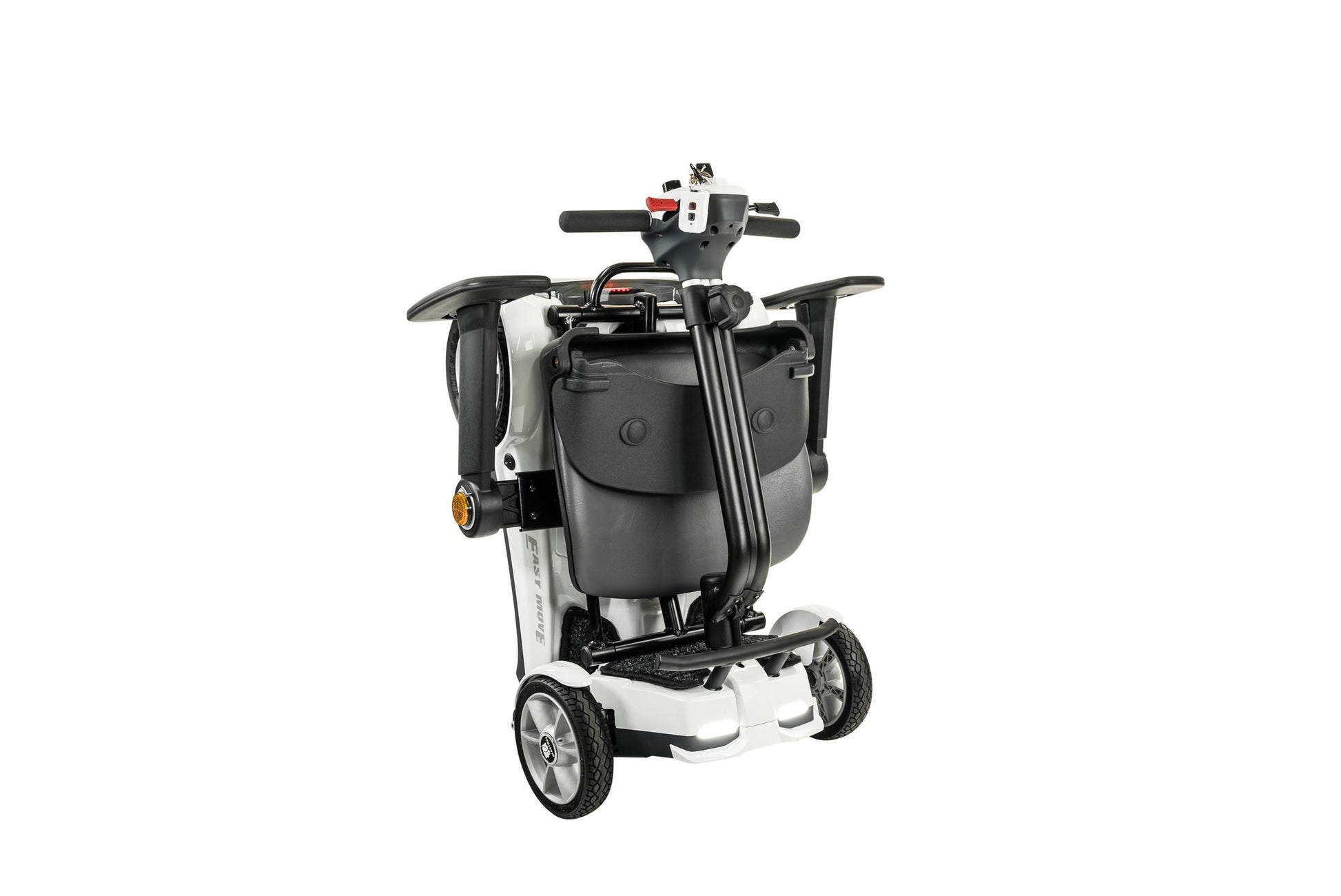 Heartway Transit 4 mobility scooter in white, folded upright for storage
