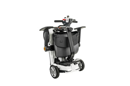 Heartway Transit 4 mobility scooter in white, folded upright for storage