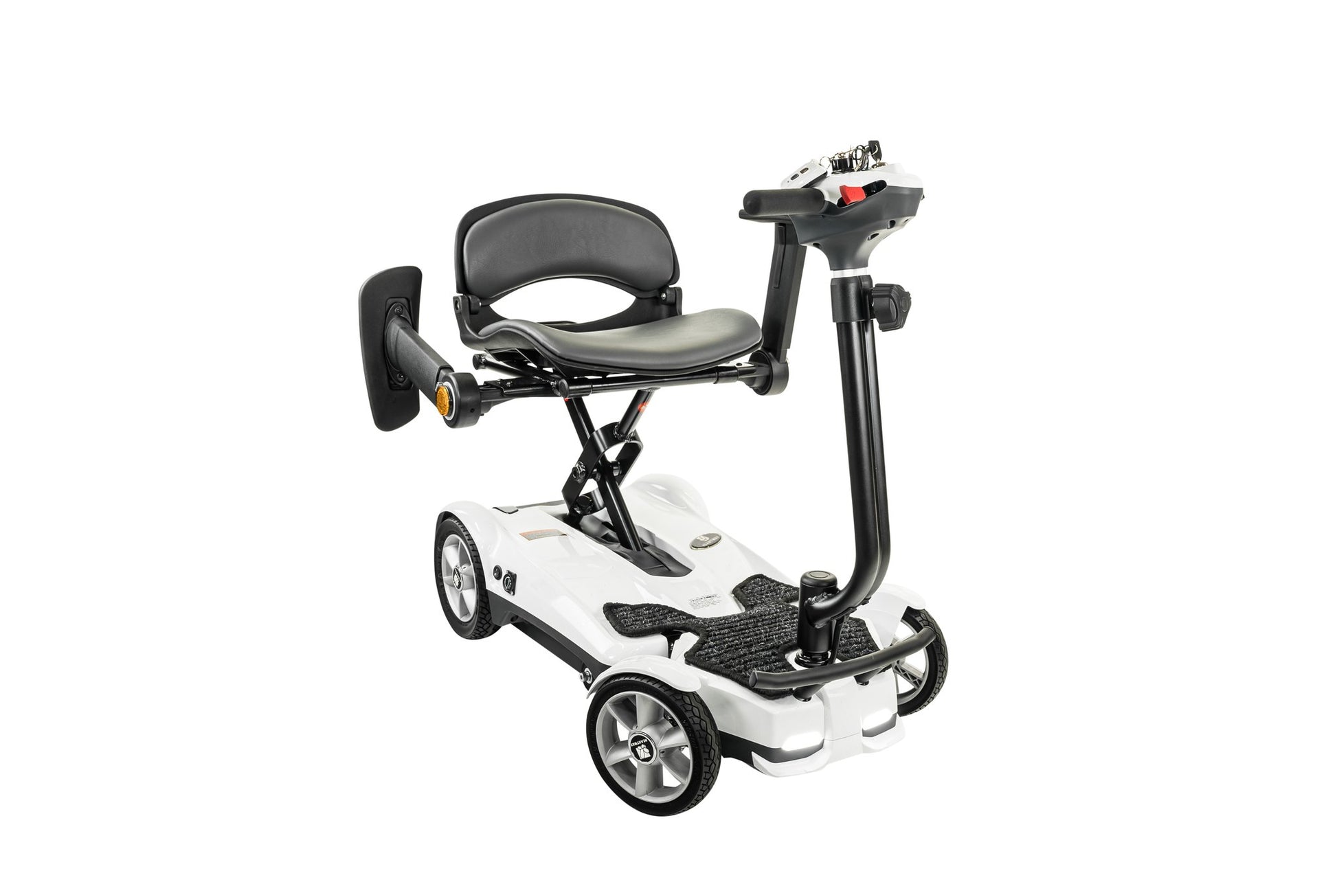 Heartway Transit 4 white auto-folding scooter, front three-quarter view