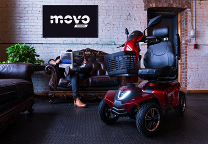 Red Movo Sutton mobility scooter indoors at a Movo showroom