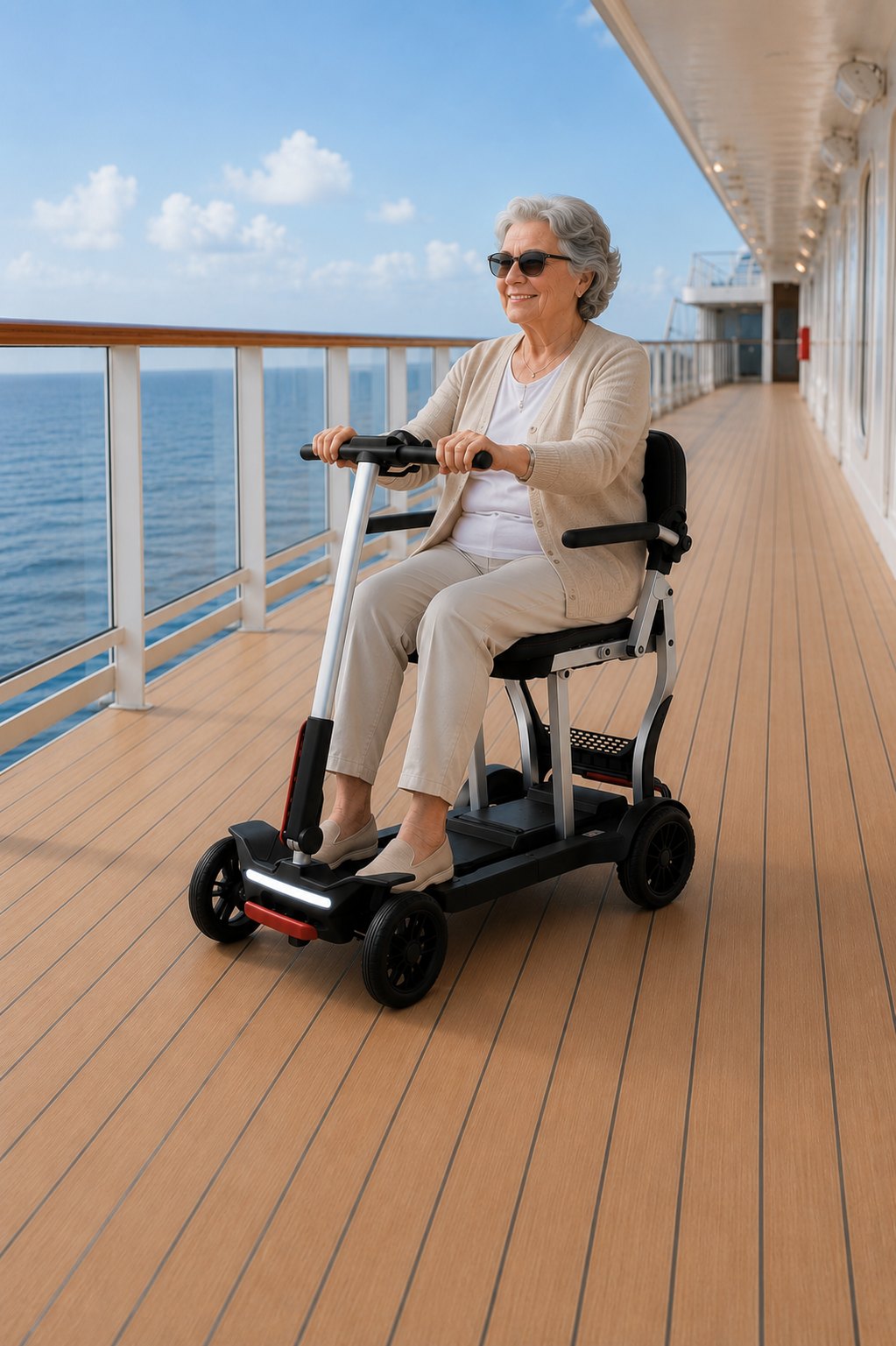 Woman riding the Movo Pilot mobility scooter on a cruise ship deck