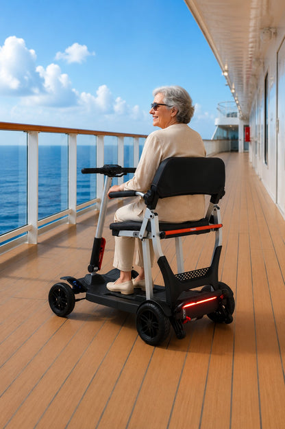 Movo Pilot travel scooter in use on a cruise ship promenade deck