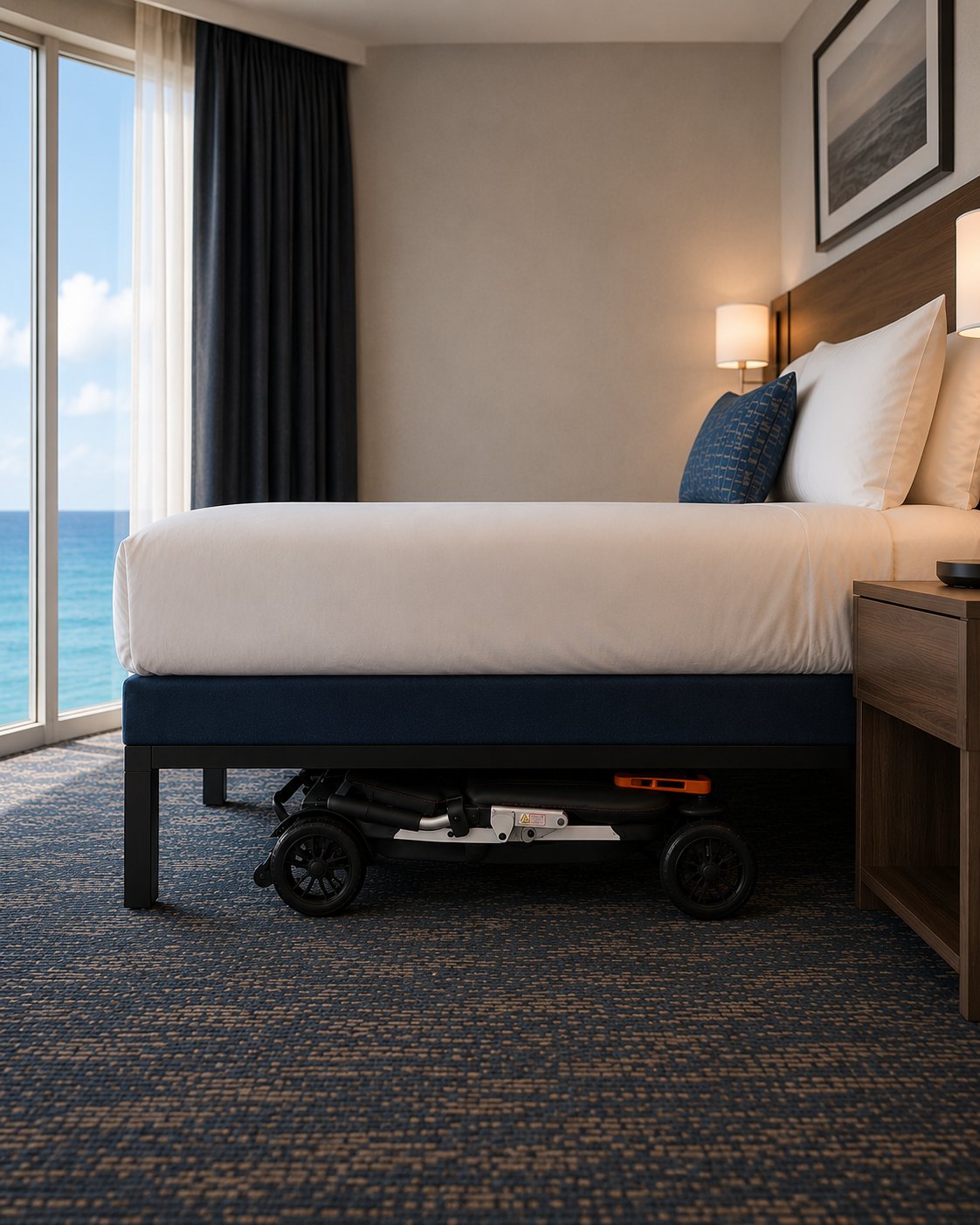 Movo Pilot scooter folded flat and stored under a hotel bed