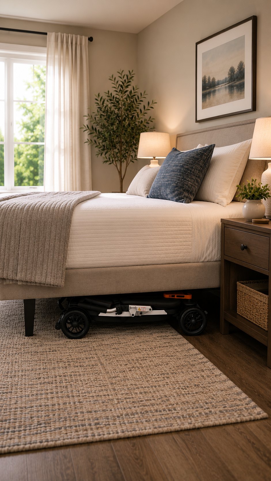 Movo Pilot folded flat and stored under a bedroom bed frame
