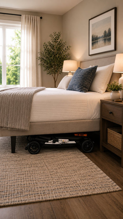 Movo Pilot folded flat and stored under a bedroom bed frame