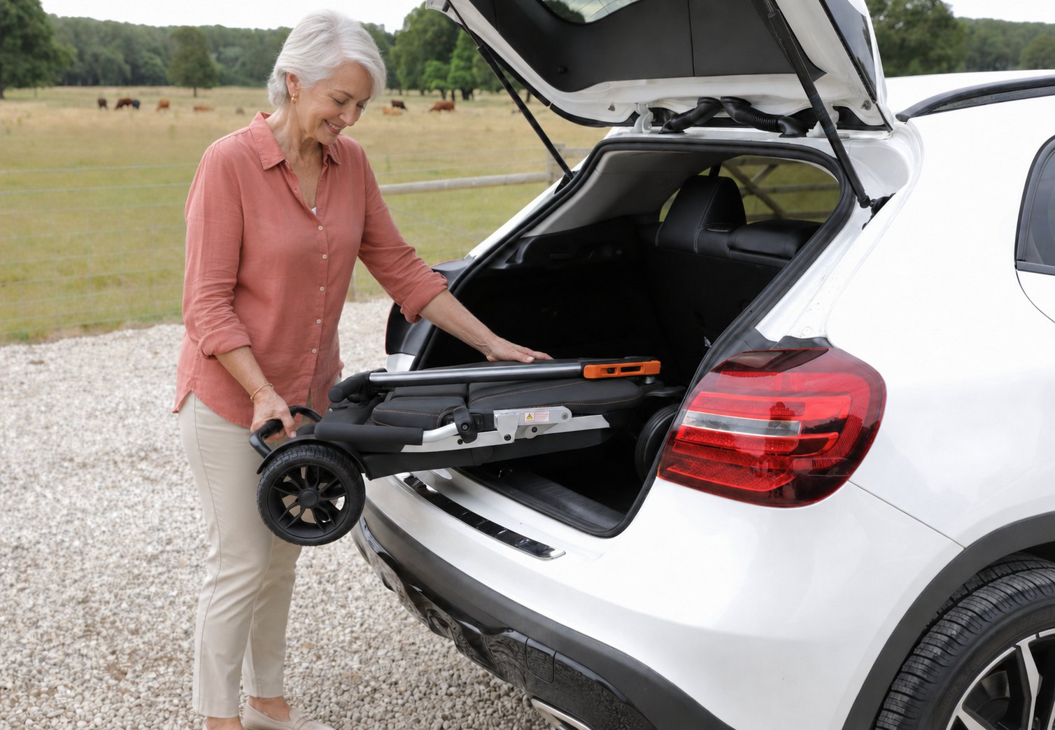 Woman loading the folded Movo Pilot scooter into a car boot