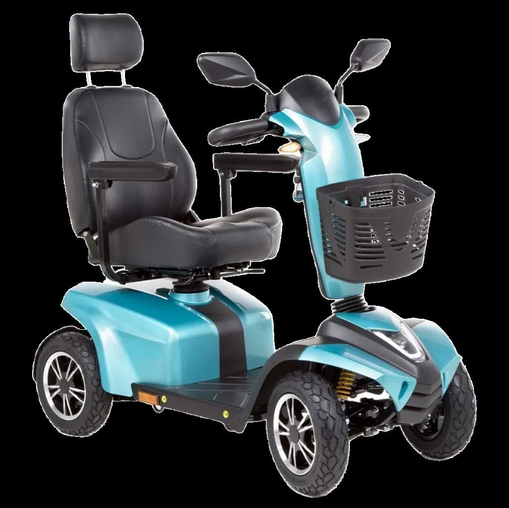 Movo Sutton large mobility scooter in turquoise, front three-quarter view