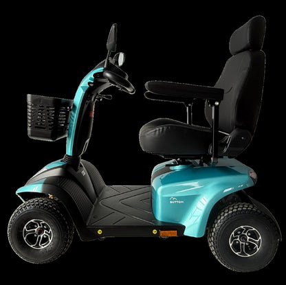 Movo Sutton turquoise scooter showing captain's seat and tiller