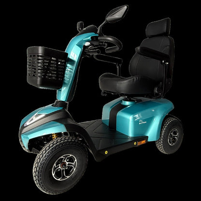 Movo Sutton turquoise scooter, side profile showing suspension