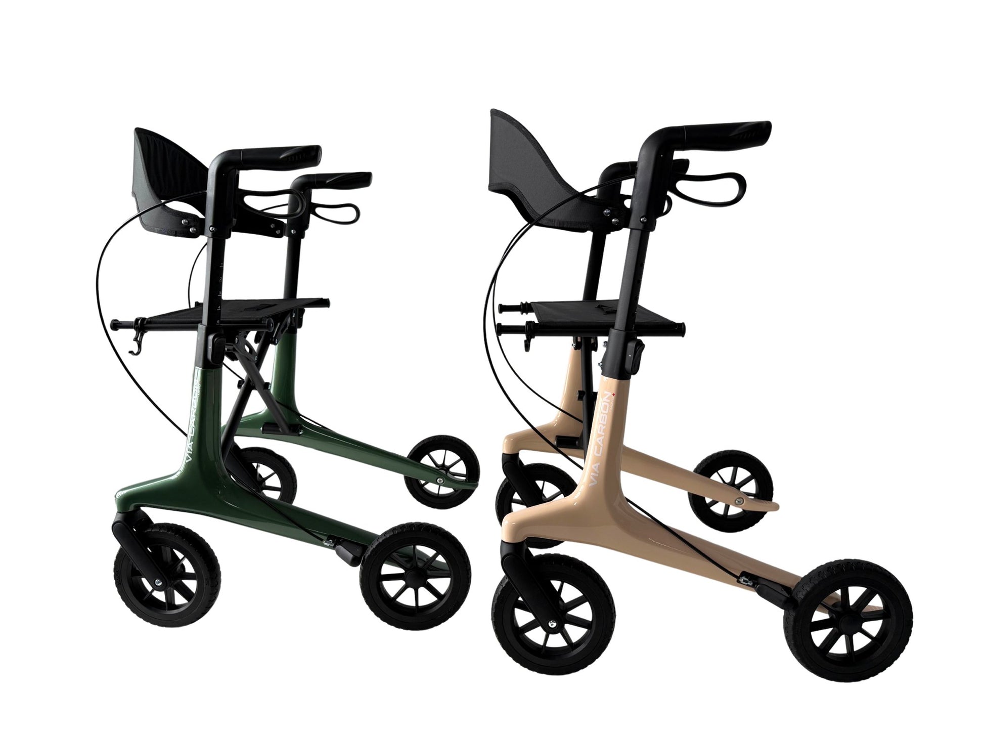 Movo Via Carbon 21 inch rollator, side profile with seat and brakes