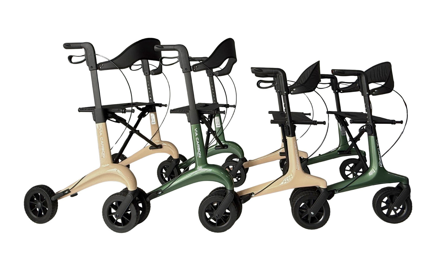 Movo Via Carbon rollator range shown in beige and green, 21 and 24 inch seat heights
