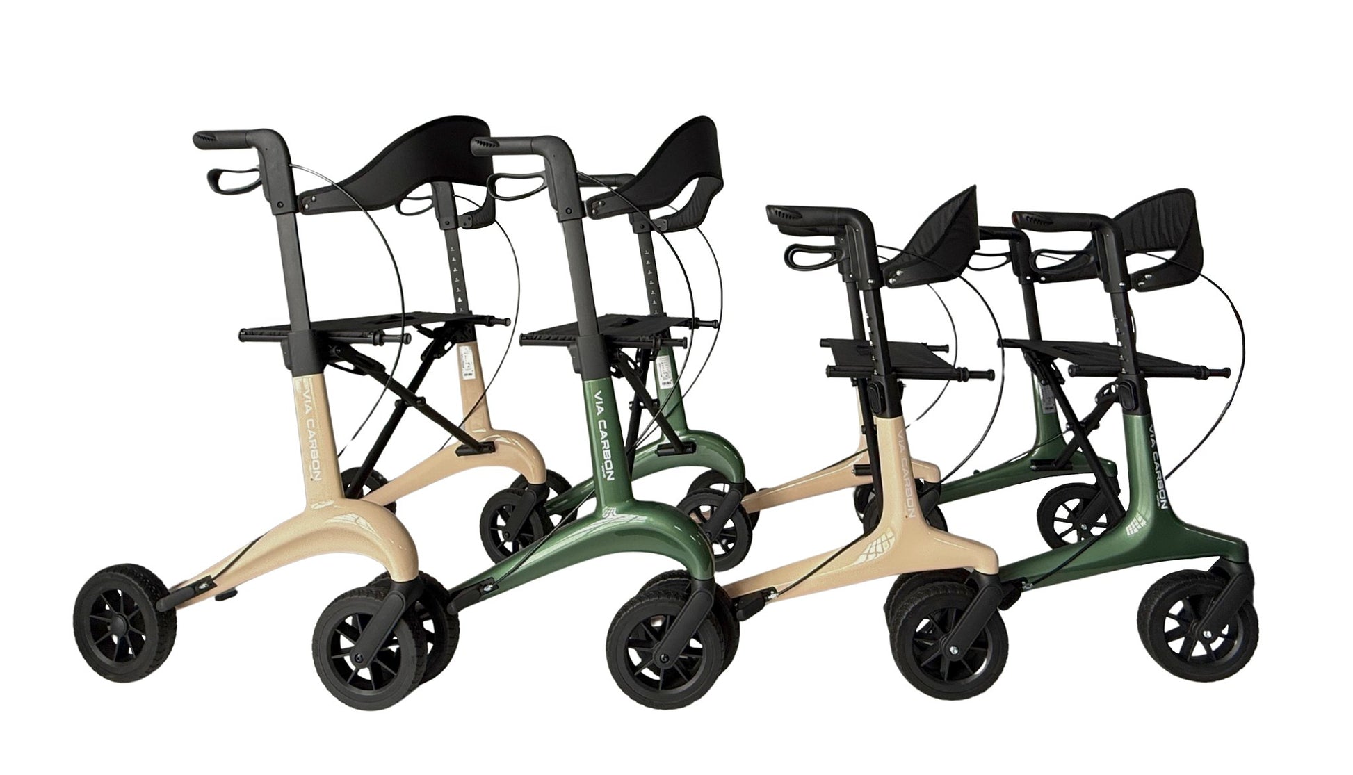Movo Via Carbon rollator range shown in beige and green, 21 and 24 inch seat heights