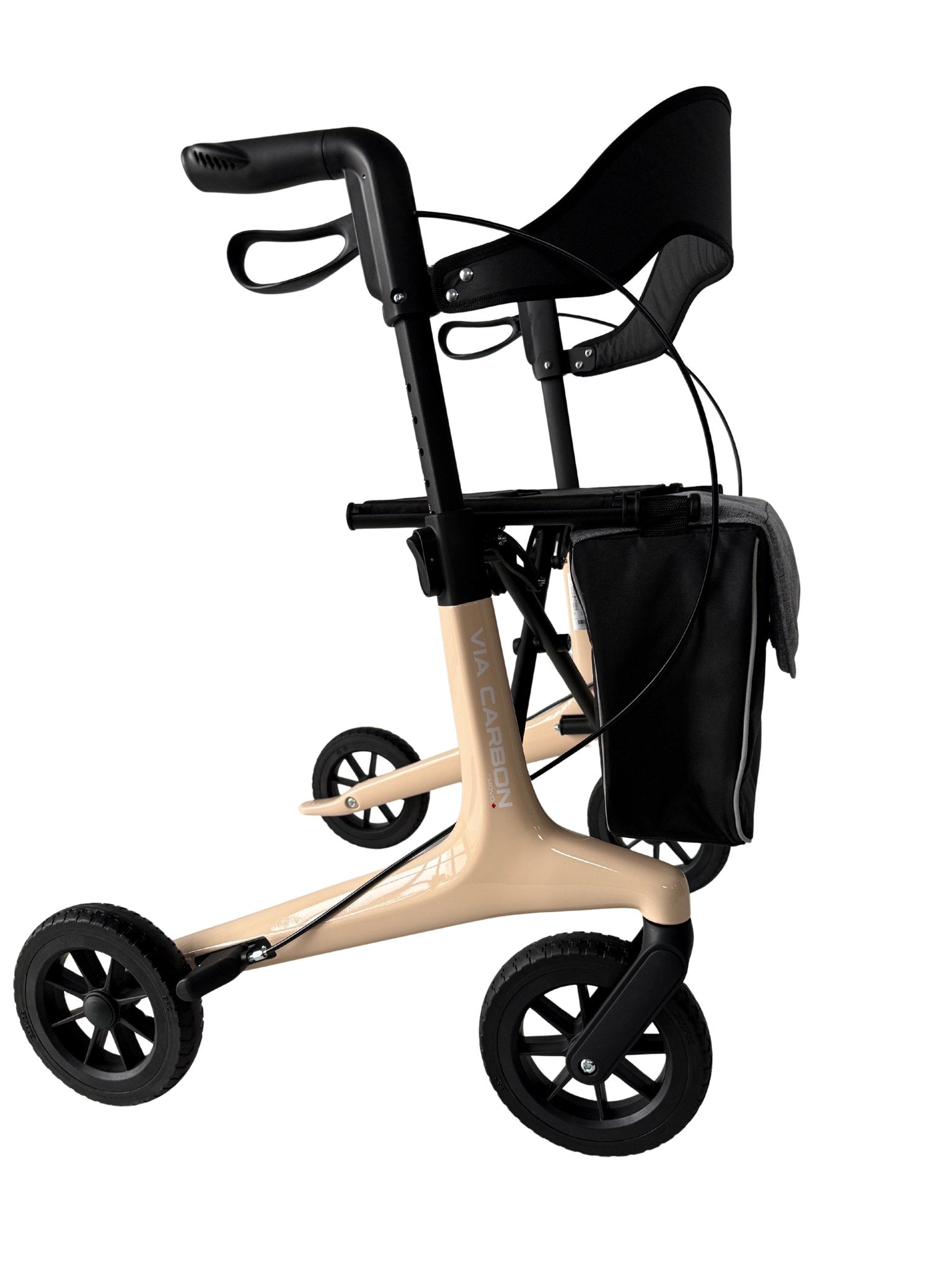 Movo Via Carbon beige rollator wheel and frame detail