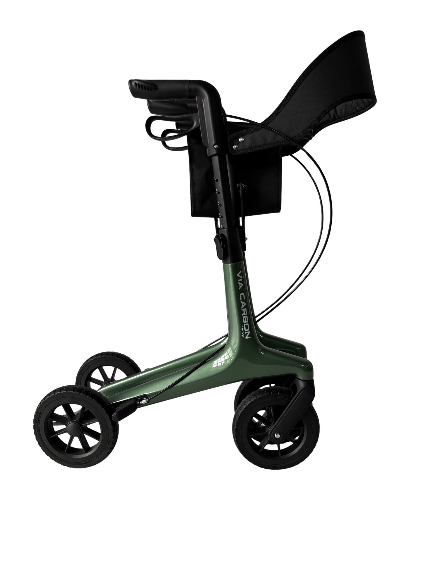 Movo Via Carbon green rollator, detail of carbon fibre frame