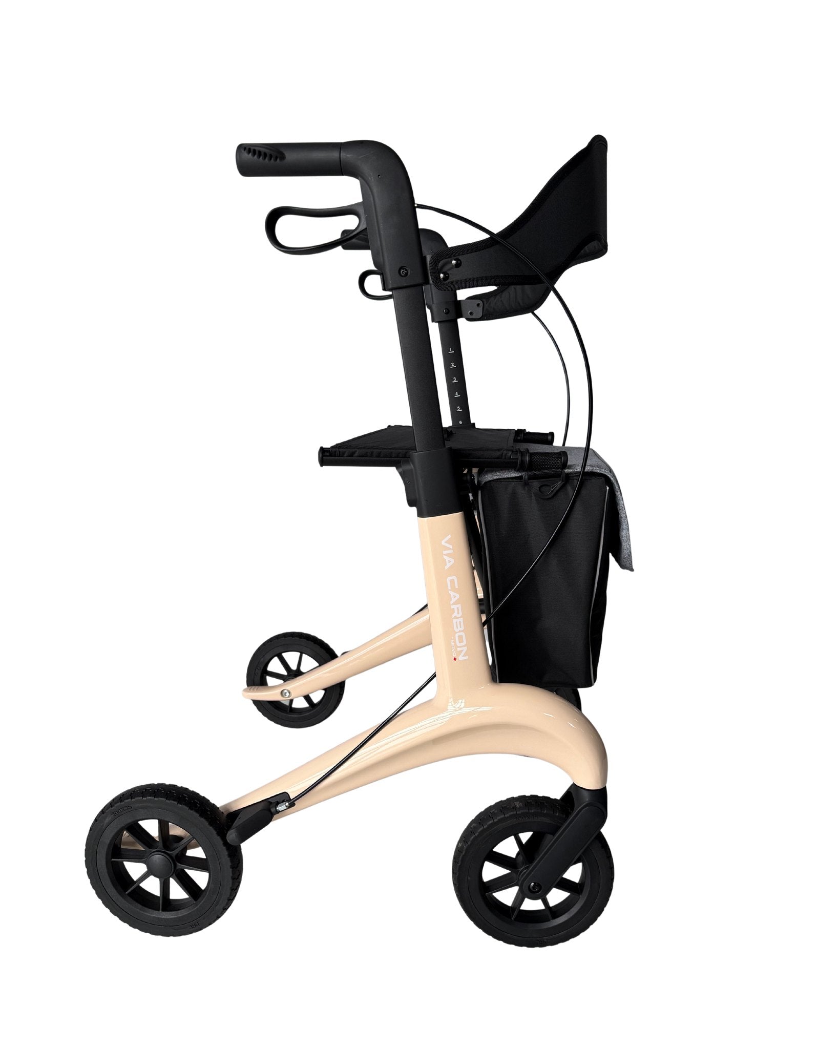 Movo Via Carbon 24 inch beige rollator brake and grip detail