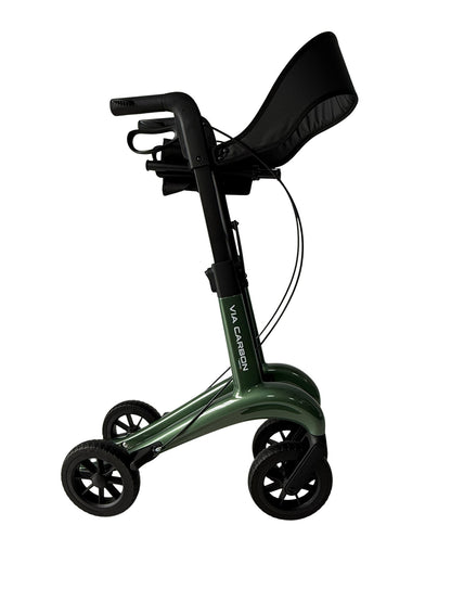 Movo Via Carbon 24 inch green rollator seat and wheel detail