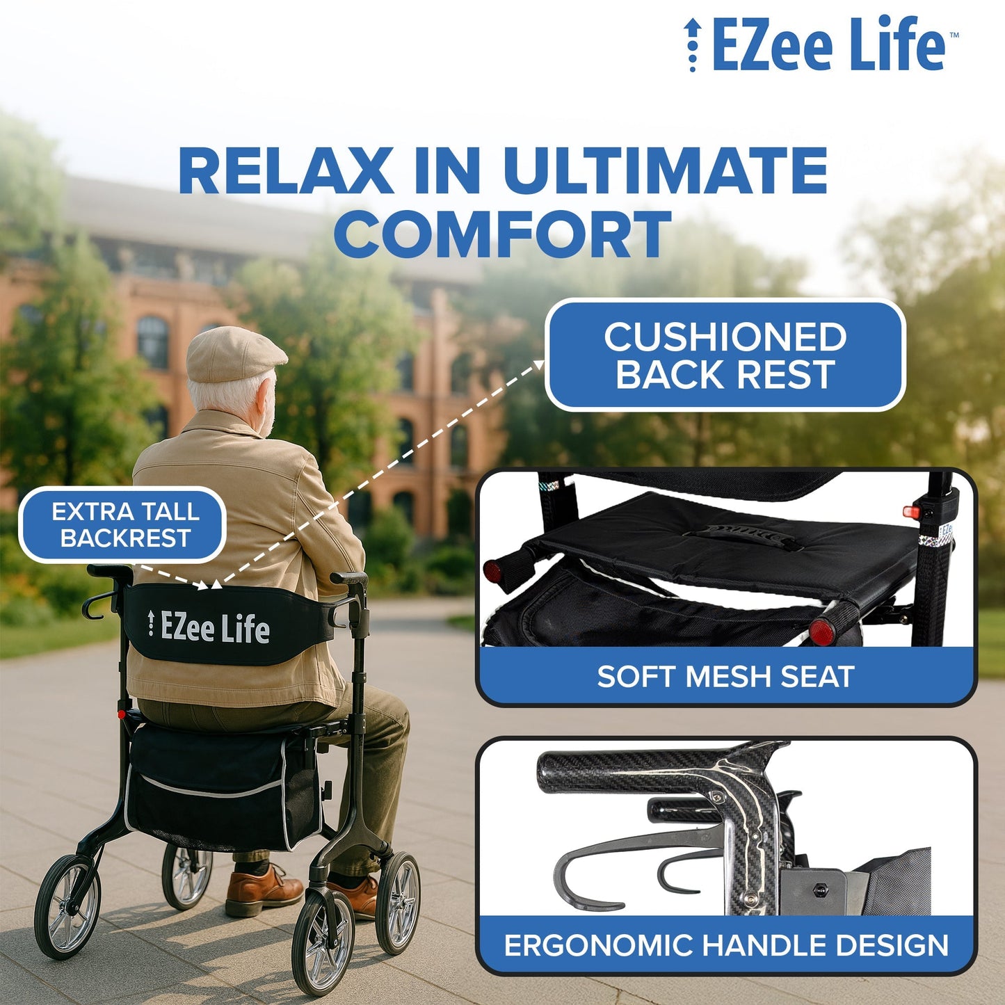 EZee Life Carbon Fiber Lightweight Rollator - 5.8 kgs/13 lbs | Ezee Life - Factory Direct Medical