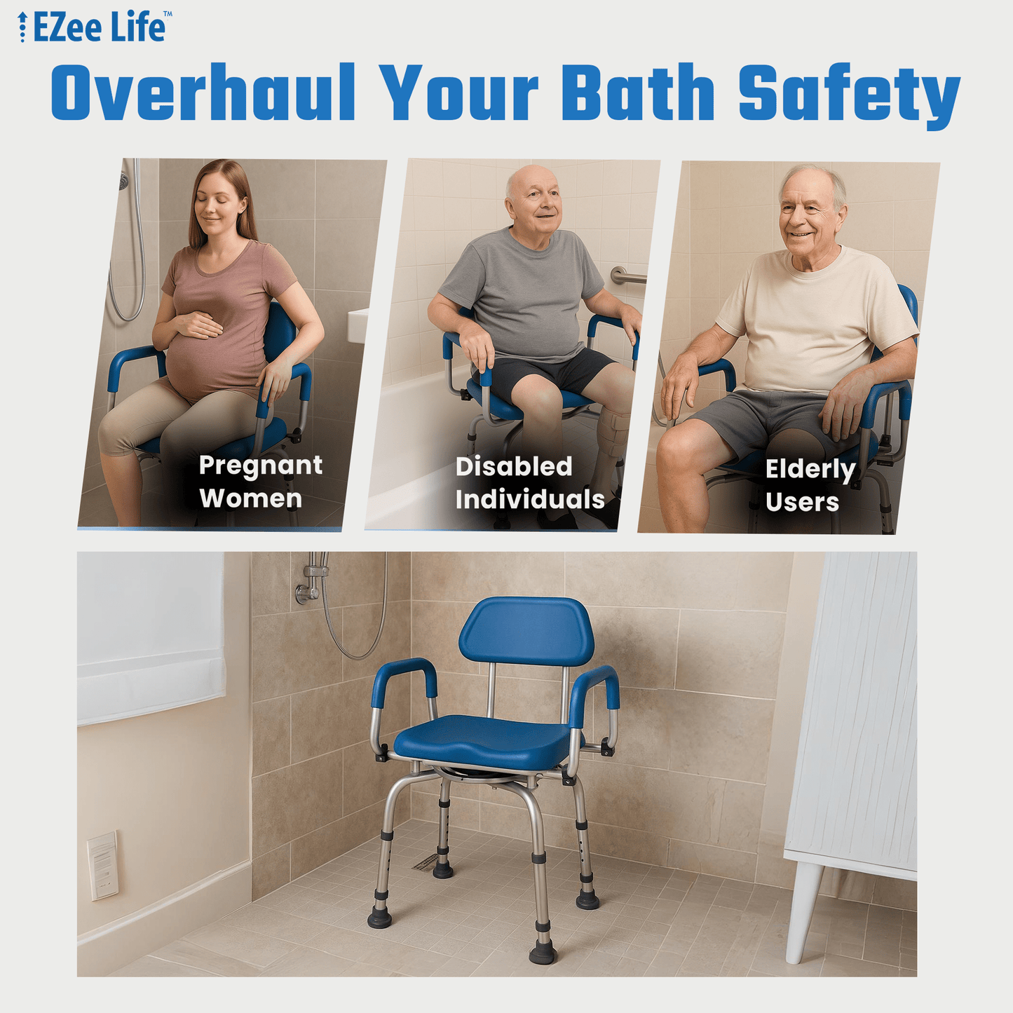 EZee Life CH2075 Swivel Shower Chair – 360° Swivel Seat, Padded Flip - Up Arms, Height Adjustable Legs for Bath Safety & Easy Transfers | Ezee Life - Factory Direct Medical