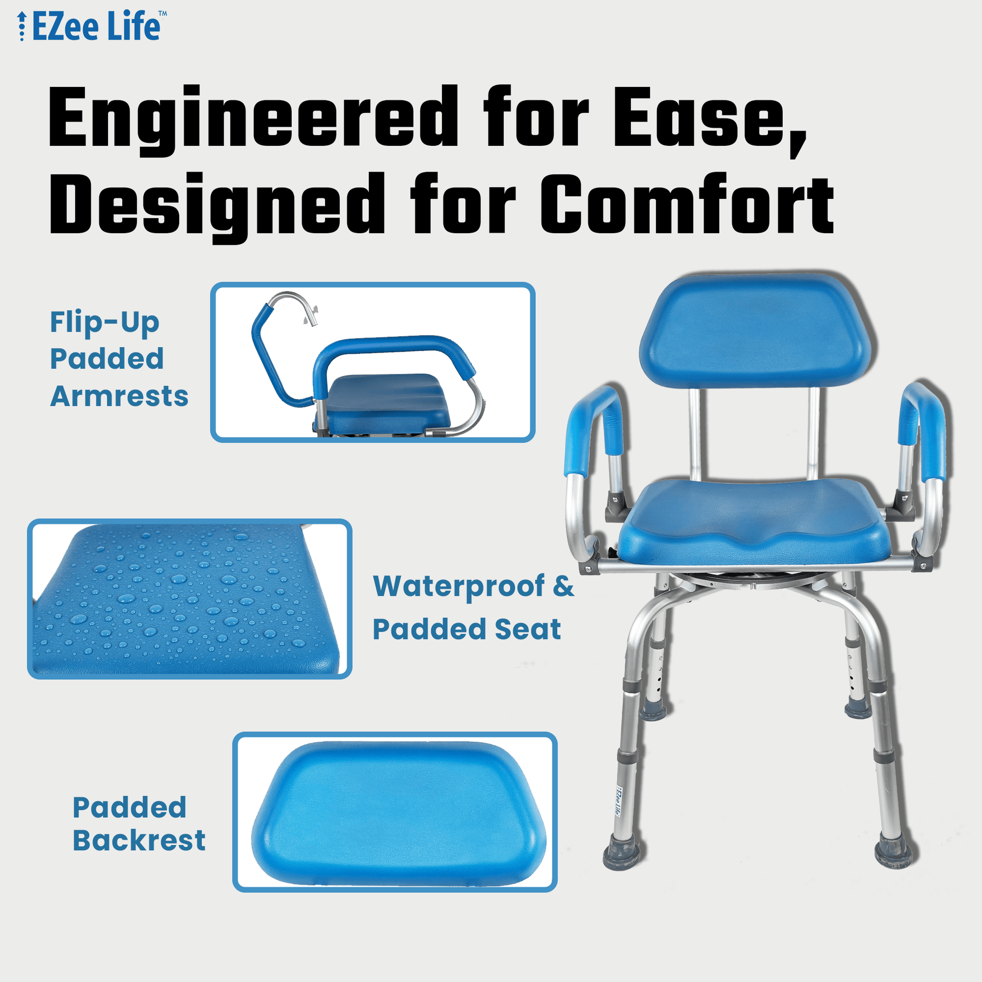 EZee Life CH2075 Swivel Shower Chair – 360° Swivel Seat, Padded Flip - Up Arms, Height Adjustable Legs for Bath Safety & Easy Transfers | Ezee Life - Factory Direct Medical