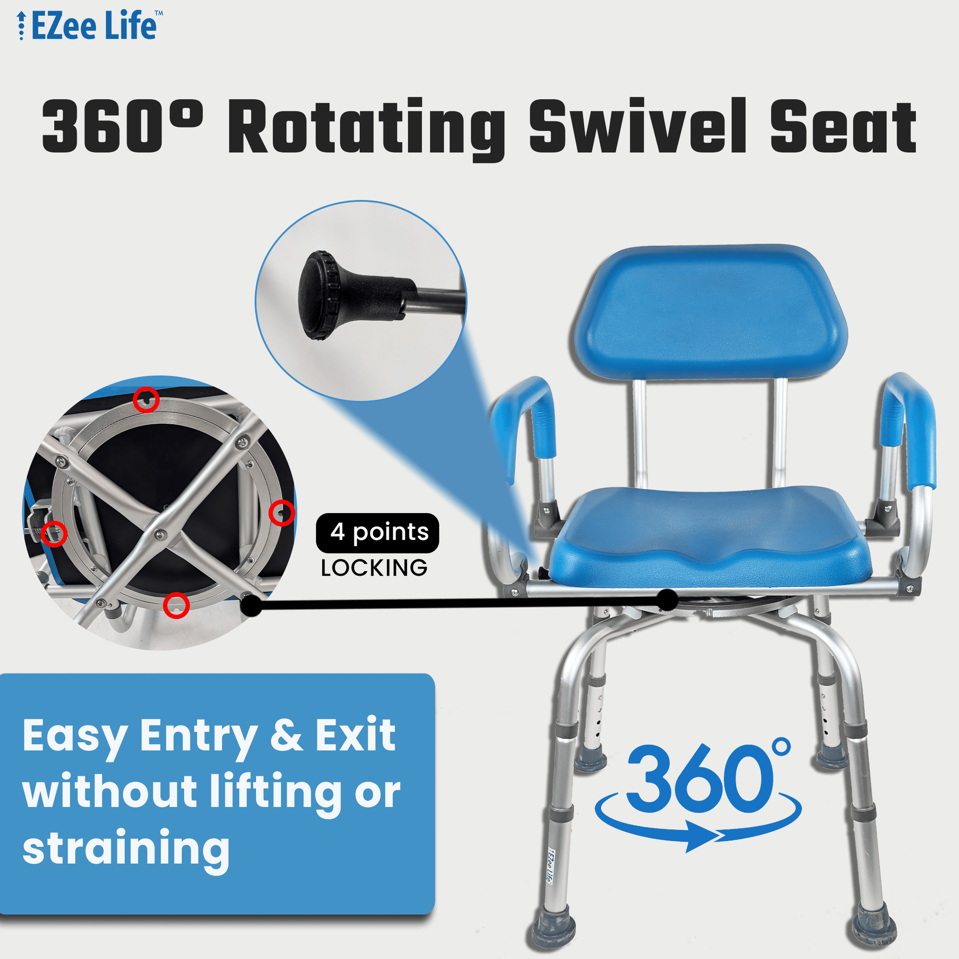 EZee Life CH2075 Swivel Shower Chair – 360° Swivel Seat, Padded Flip - Up Arms, Height Adjustable Legs for Bath Safety & Easy Transfers | Ezee Life - Factory Direct Medical