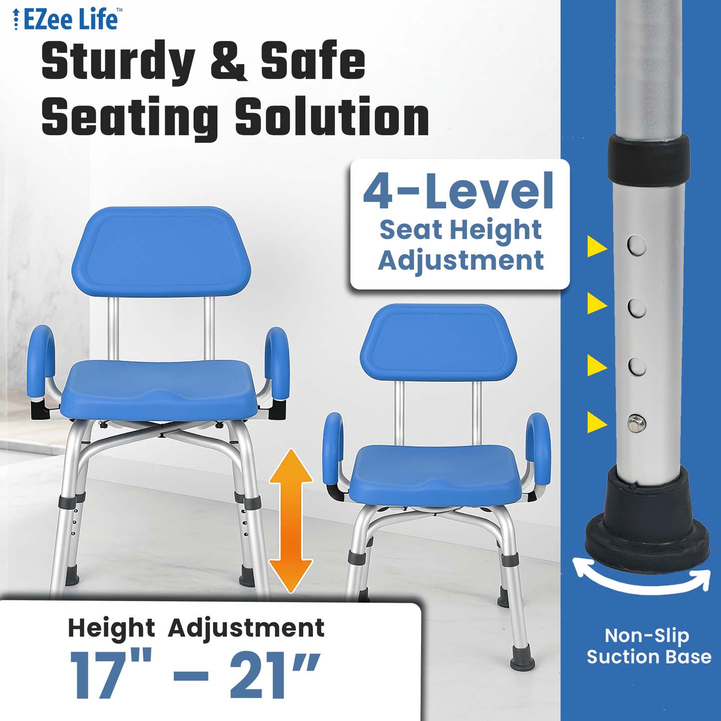 EZee Life CH2075 Swivel Shower Chair – 360° Swivel Seat, Padded Flip - Up Arms, Height Adjustable Legs for Bath Safety & Easy Transfers | Ezee Life - Factory Direct Medical