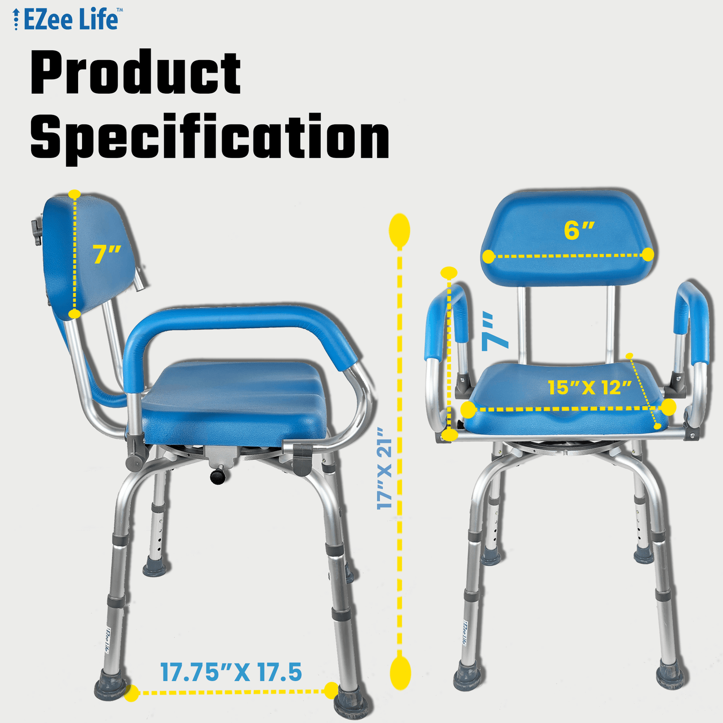EZee Life CH2075 Swivel Shower Chair – 360° Swivel Seat, Padded Flip - Up Arms, Height Adjustable Legs for Bath Safety & Easy Transfers | Ezee Life - Factory Direct Medical