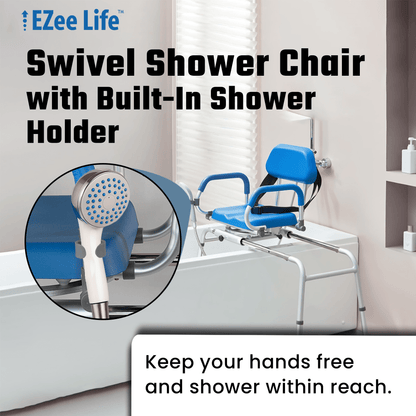 EZee Life Sliding Swivel Padded Transfer Bench – 360° Swivel Shower Chair with Sliding Seat, Flip - Up Arms & Height Adjustable Legs for Safe, Comfortable Bath Transfers | Ezee Life - Factory Direct Medical