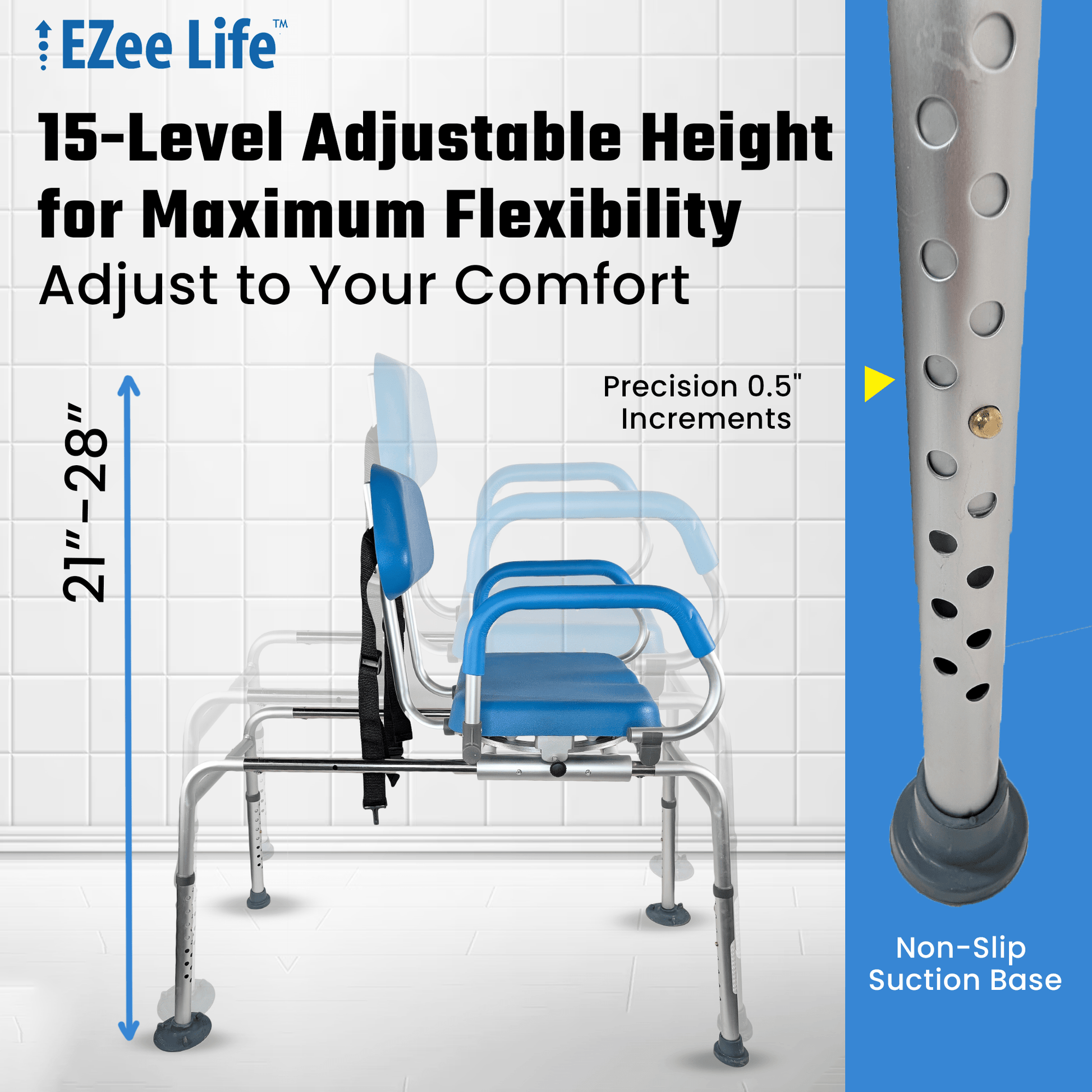 EZee Life Sliding Swivel Padded Transfer Bench – 360° Swivel Shower Chair with Sliding Seat, Flip - Up Arms & Height Adjustable Legs for Safe, Comfortable Bath Transfers | Ezee Life - Factory Direct Medical