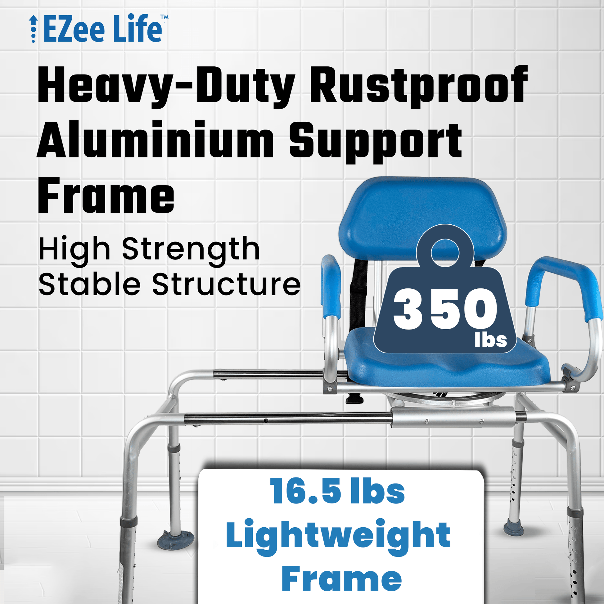EZee Life Sliding Swivel Padded Transfer Bench – 360° Swivel Shower Chair with Sliding Seat, Flip - Up Arms & Height Adjustable Legs for Safe, Comfortable Bath Transfers | Ezee Life - Factory Direct Medical