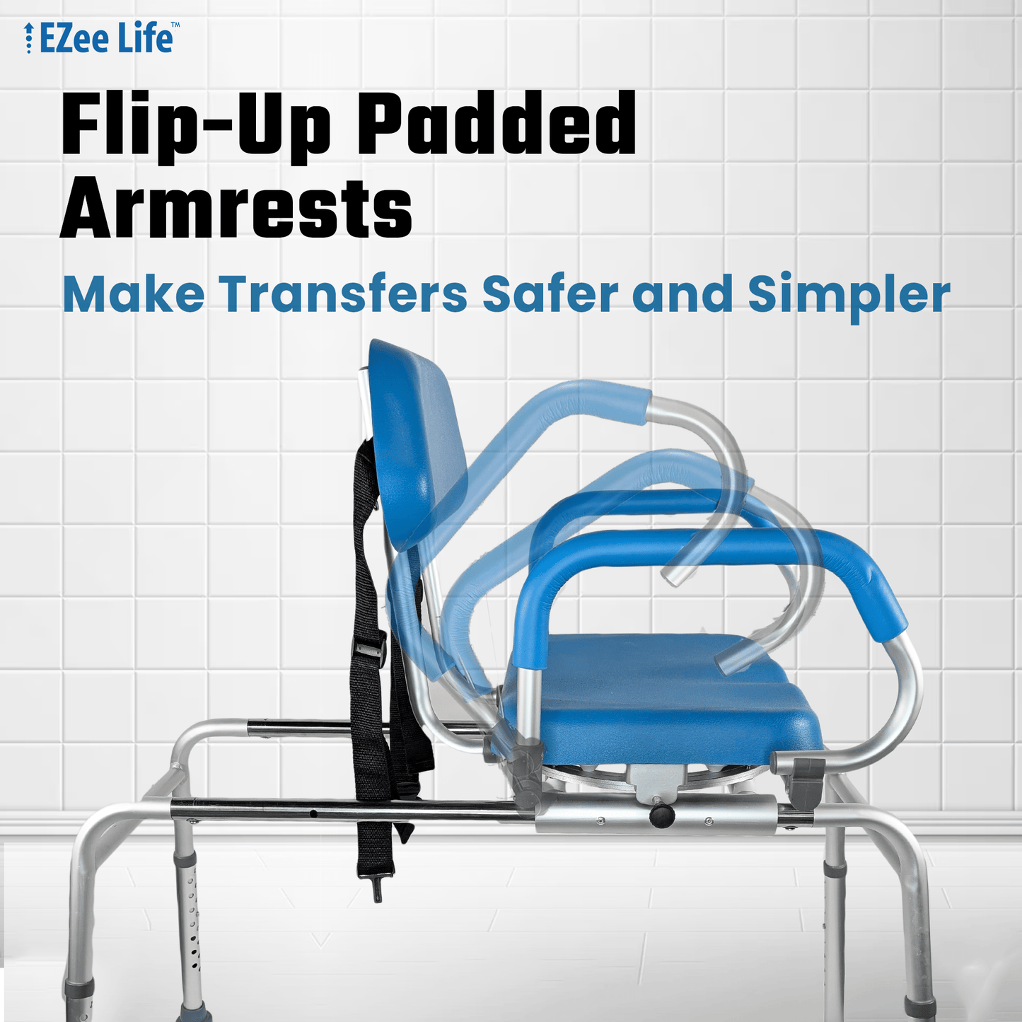 EZee Life Sliding Swivel Padded Transfer Bench – 360° Swivel Shower Chair with Sliding Seat, Flip - Up Arms & Height Adjustable Legs for Safe, Comfortable Bath Transfers | Ezee Life - Factory Direct Medical