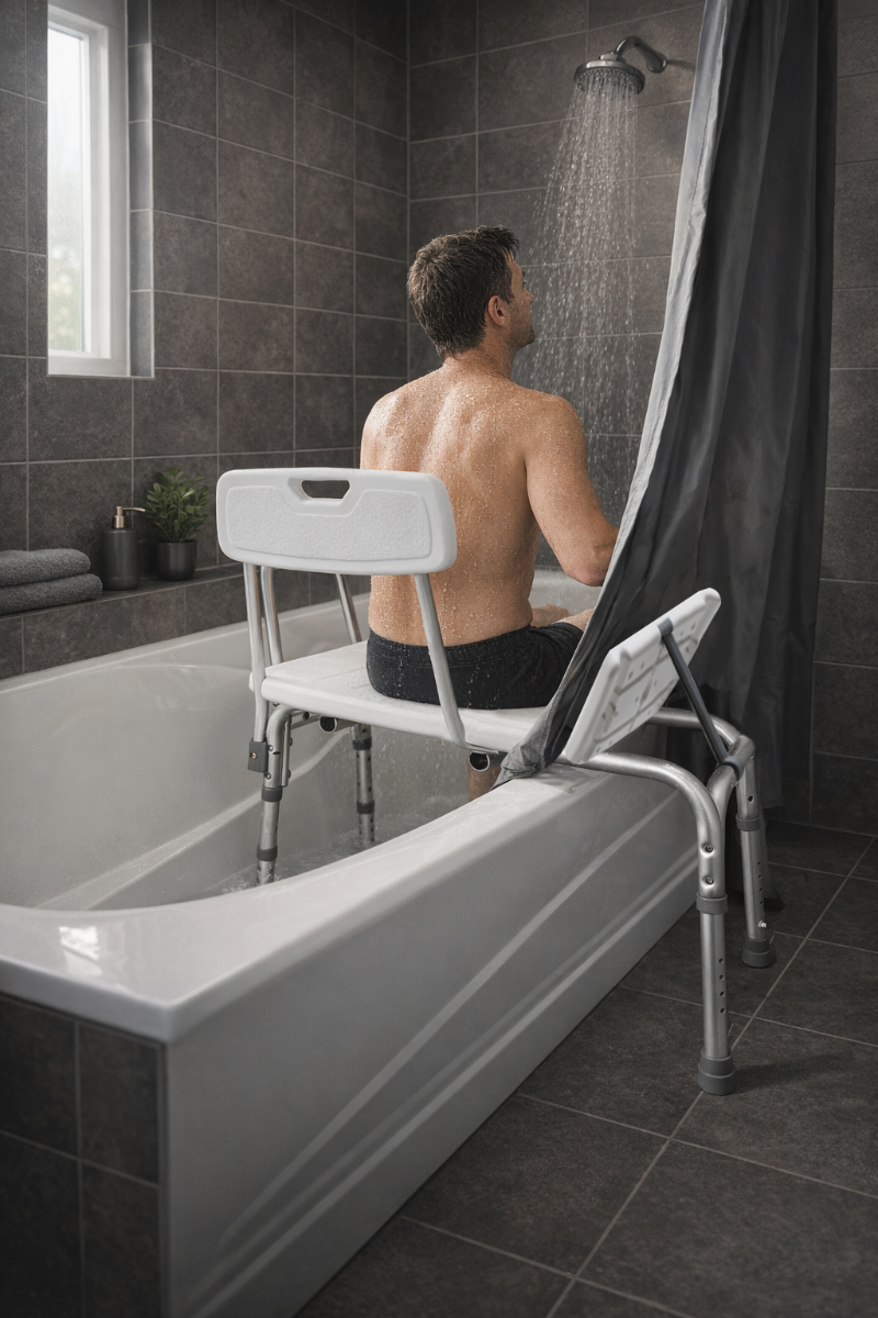 Transfer Bath Bench with Curtain Control — MOBB Home Health Care, front view