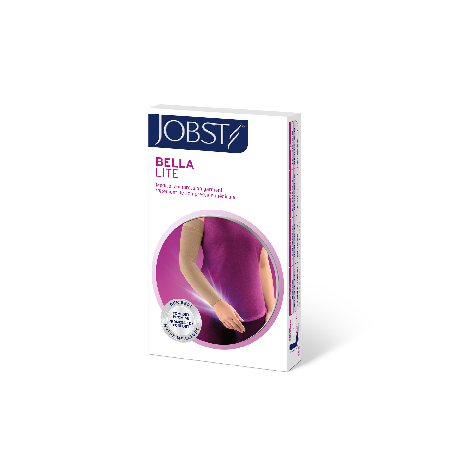 JOBST Bella Lite 15-20 mmHg JOBST® Bella™ Lite Ready-To-Wear Upper Extremity Garments provide gradient compression to assist in the management of mild to moderate lymphedema and other edemas. Garments are lightweight, attractive, and comfortable. Additionally, they are available in a wide range of sizes that were determinded after utilizing data from thousands of patients' arms and hands to ensure a proper fit for almost every patient.